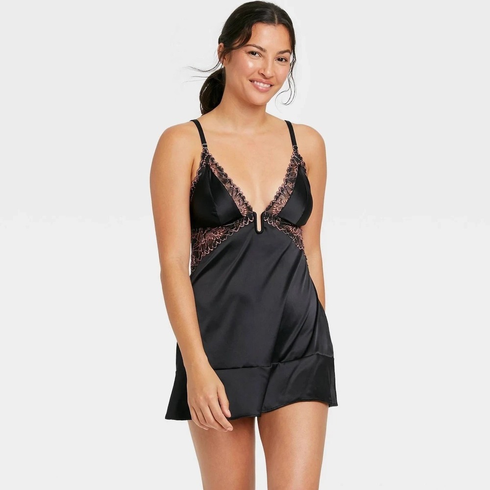 Auden Black Babydoll Nightie Gown Sz S Stretch Satin Pink Lace Lingerie